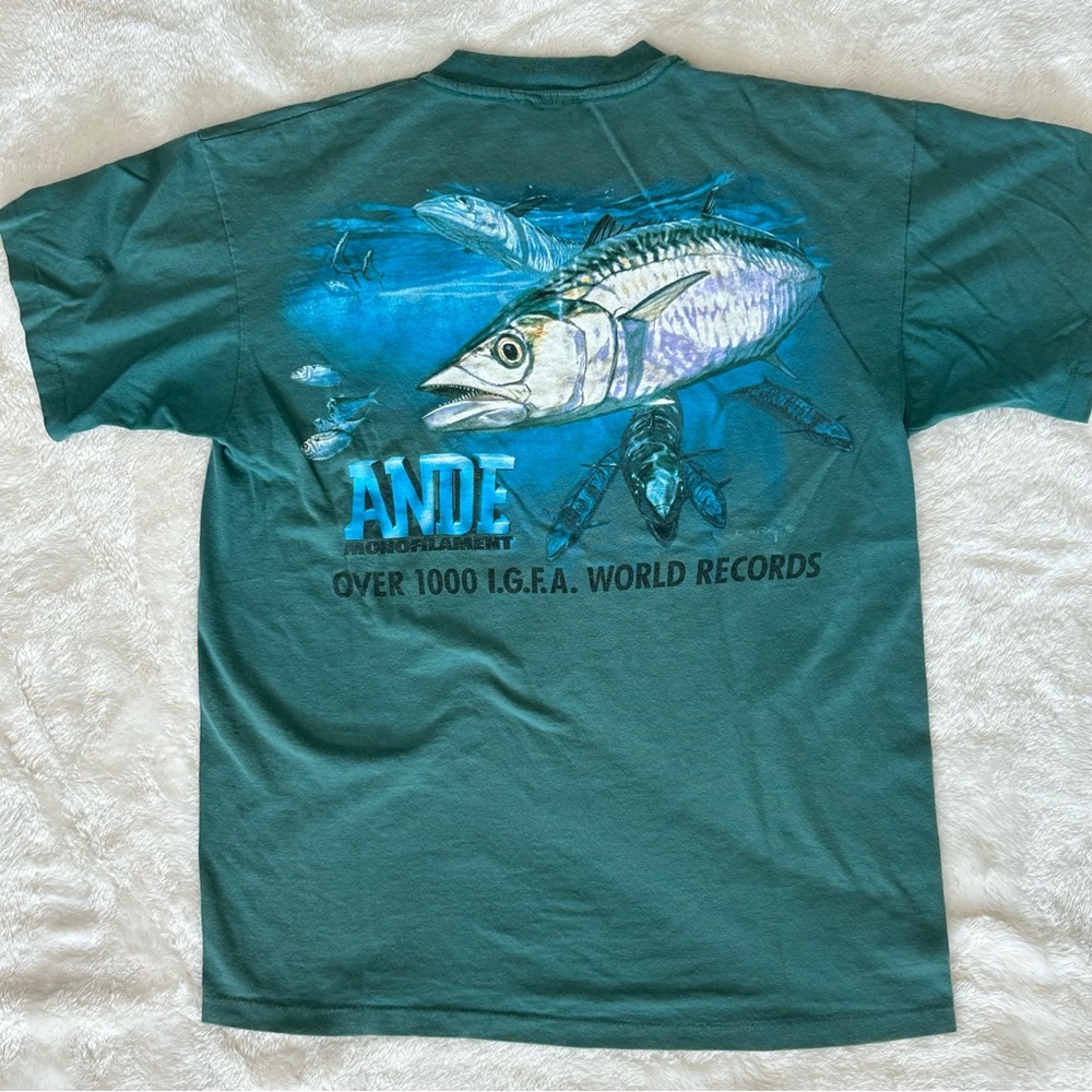 Vintage 90s fishing Ande Monofilament Graphic T-Shirt with back heat Made in USA